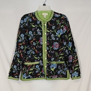 EUC Appleseed's Floral Embroidered Black Quilted Jacket  Lime Trim Sz Medium